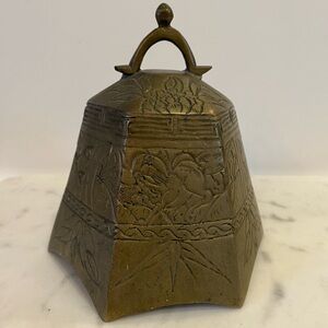 Decorative Vintage Chinese Brass Gong Bell Hand Etched Intricate Mountain Motif